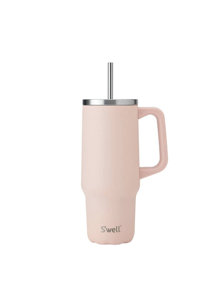 Close-up of the Himalayan Salt 30oz tumbler with built-in straw, featuring triple-layered vacuum-insulated construction for hot or cold drinks.