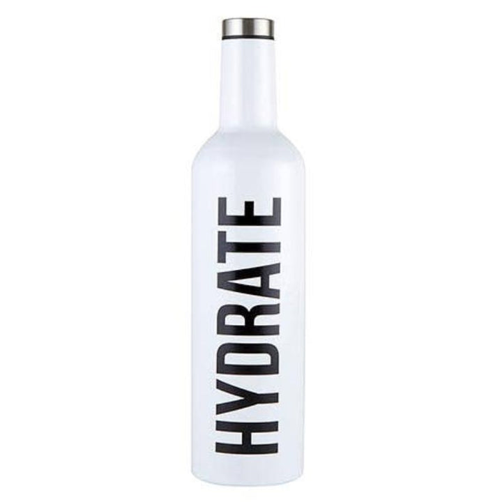 Stainless Steel Wine Bottle with 'Hydrate' design, holds a full bottle of wine.
