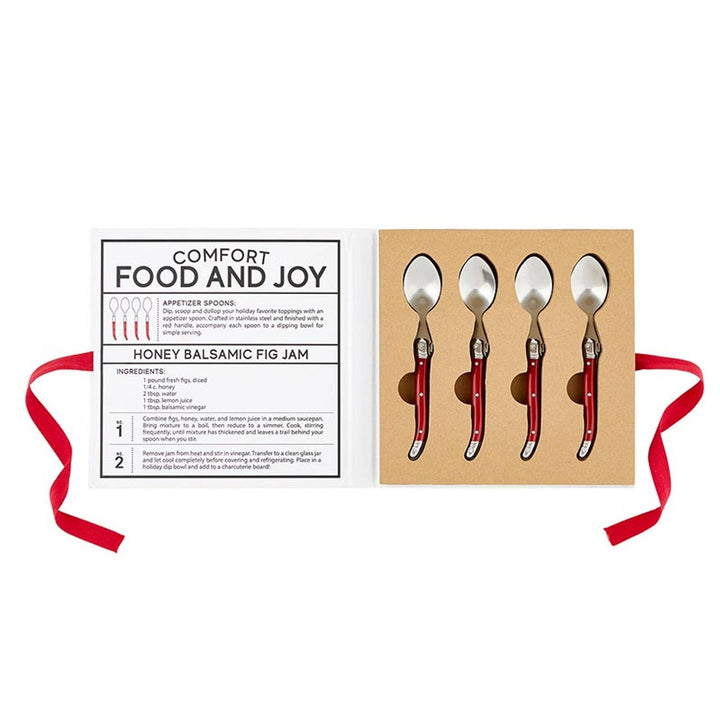 Red handled charcuterie spoons set with Honey Balsamic Fig Jam recipe, Christmas silverware.