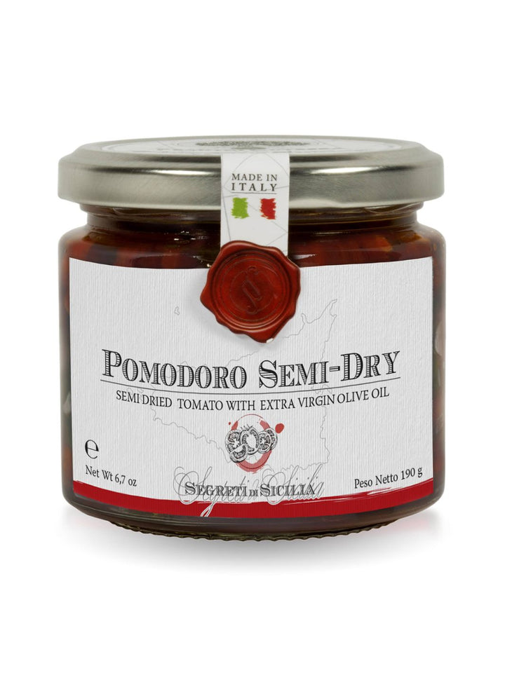 Semi-Dried Cherry Tomatoes in EVOO, infused with garlic and basil.