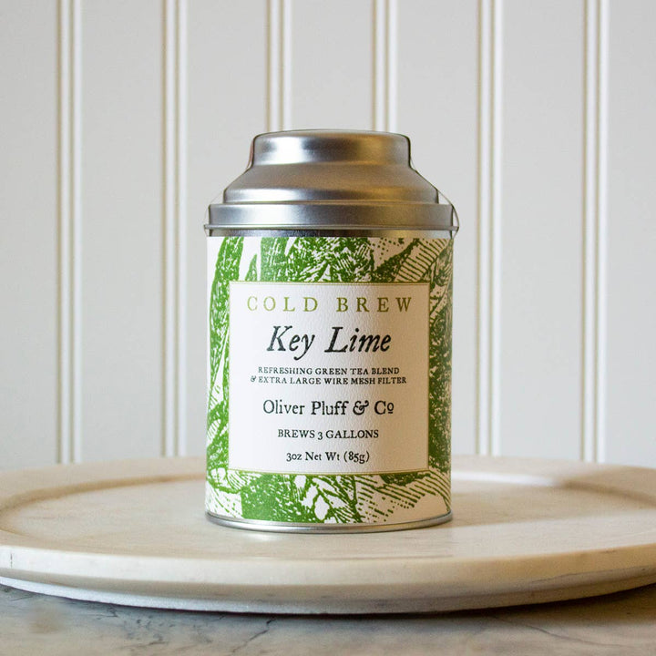 Key Lime Cold Brew by Oliver Pluff & Co., includes a 3oz tin with a reusable wire mesh tea brewing ball.