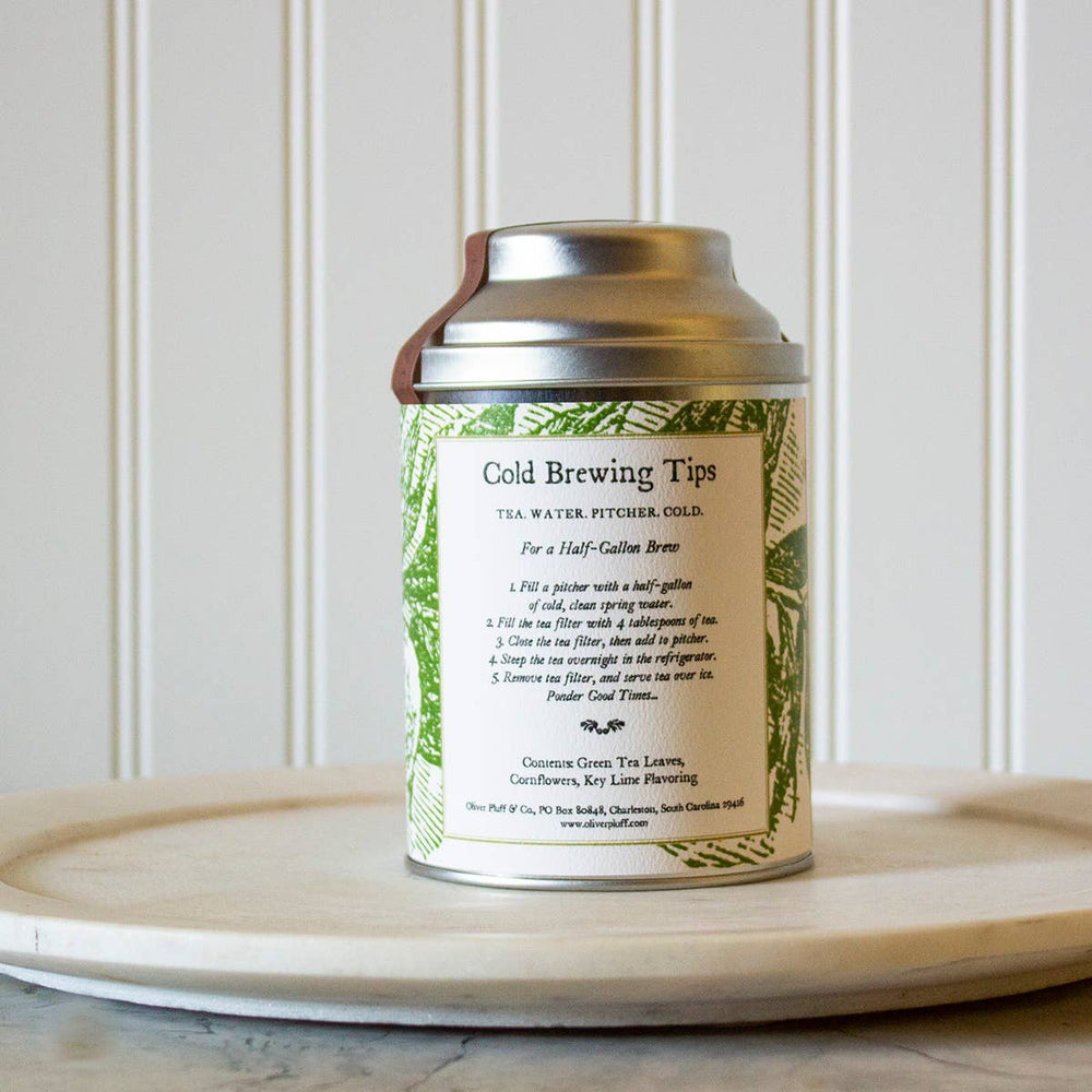 Back of Tin of Key Lime Cold Brew Tea Showing Brewing Tips.