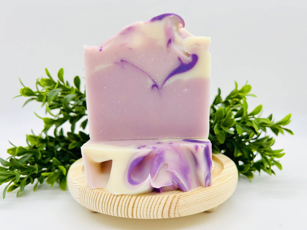 Lilac Bloom Handmade Soap Bar with beautiful lavender swirled hues.