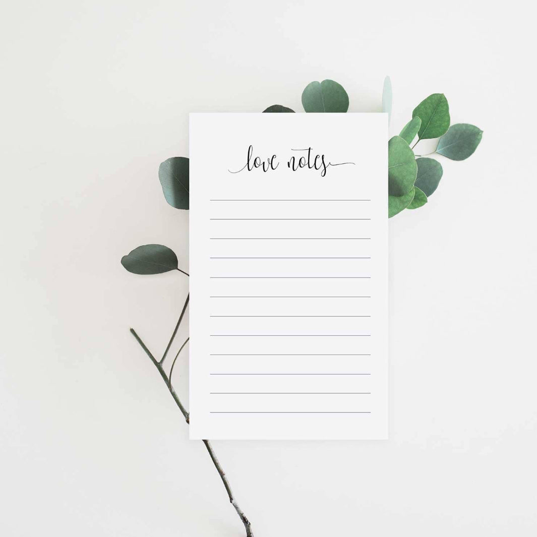Love Notes Notepad beautifully displayed with crisp white pages and chipboard padding.