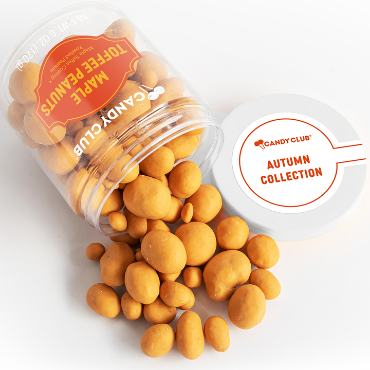 Close-up of Maple Toffee Peanuts showing their glossy, maple-glazed coating.