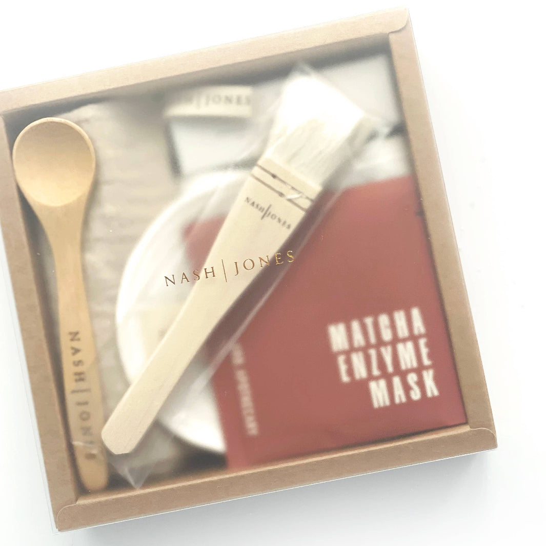 Matcha Mask Gift Set beautifully arranged in kraft box with skincare essentials and bamboo accessories.
