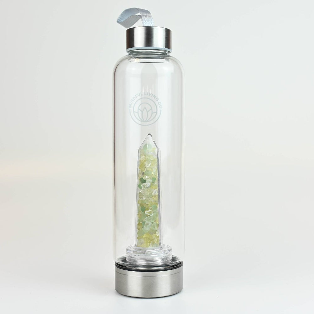 Glass Water Bottle with Green Fluorite, Citrine, and Clear Quartz Crystal