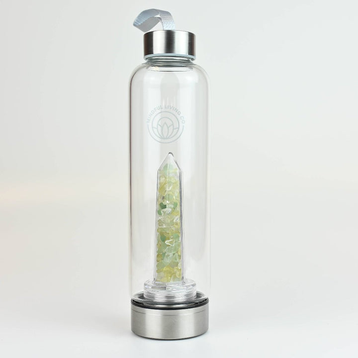 Glass Water Bottle with Green Fluorite, Citrine, and Clear Quartz Crystal