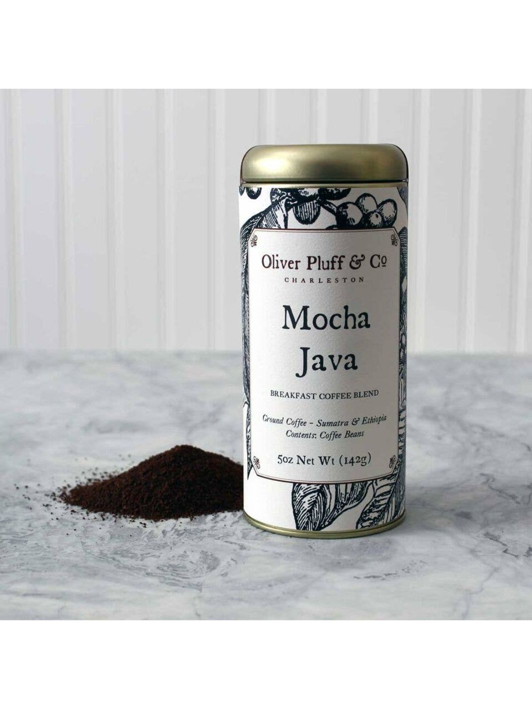 Mocha Java Ground Coffee by Oliver Pluff & Co. in a signature tin with an 8 oz weight.