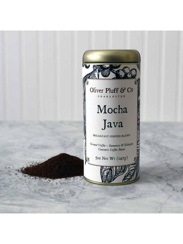 Mocha Java Ground Coffee by Oliver Pluff & Co. in a signature tin with an 8 oz weight.
