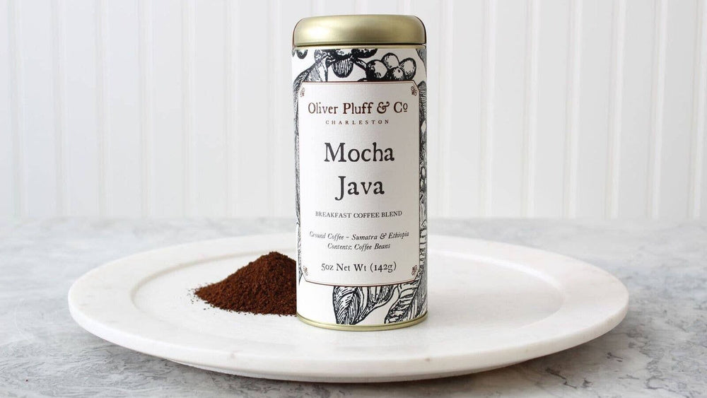 Close-up of Mocha Java coffee tin highlighting its Yemen Mocha and Indonesian Java bean blend.
