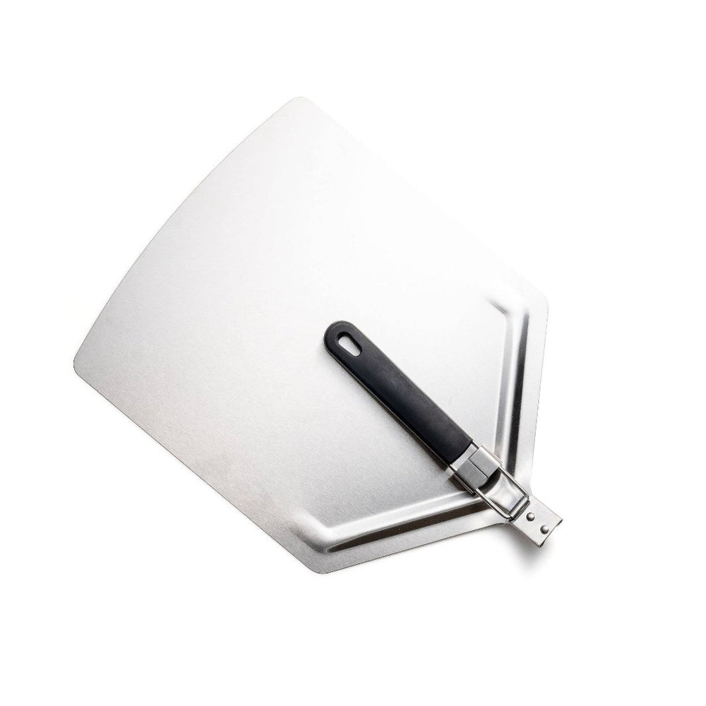 Close-up of the folding handle on the stainless steel pizza peel, showing its compact storage design.