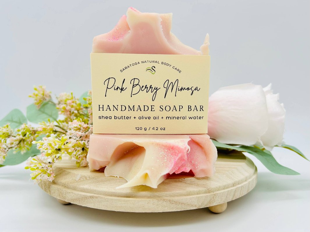 Pink Berry Mimosa handmade soap bar with eco-friendly packaging.