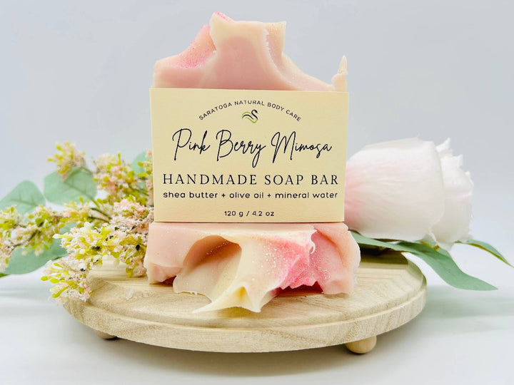 Pink Berry Mimosa handmade soap bar with eco-friendly packaging.