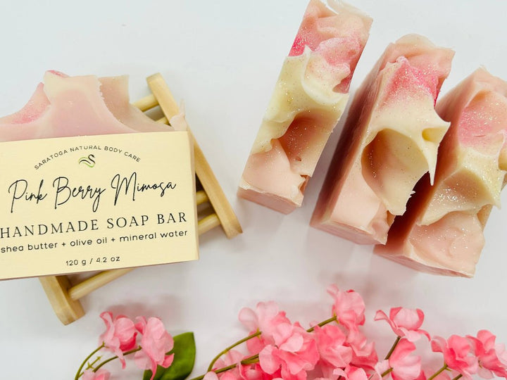 Four Pink Berry Mimosa Handmade Soap Bars.