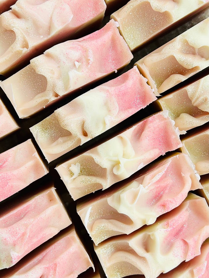 Pink Berry Mimosa Natural Handmade Soaps made rom cold-process method. 