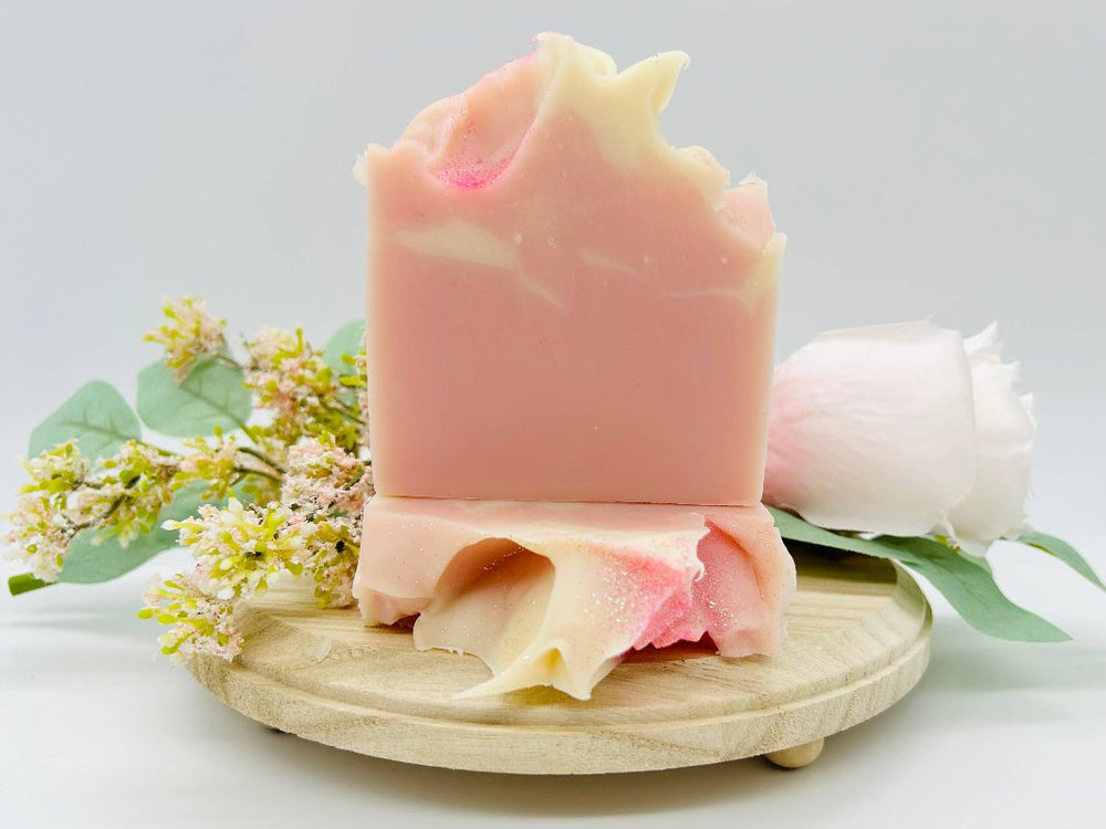 Pink Berry Mimosa Handmade Soaps showcasing vibrant pink tones.