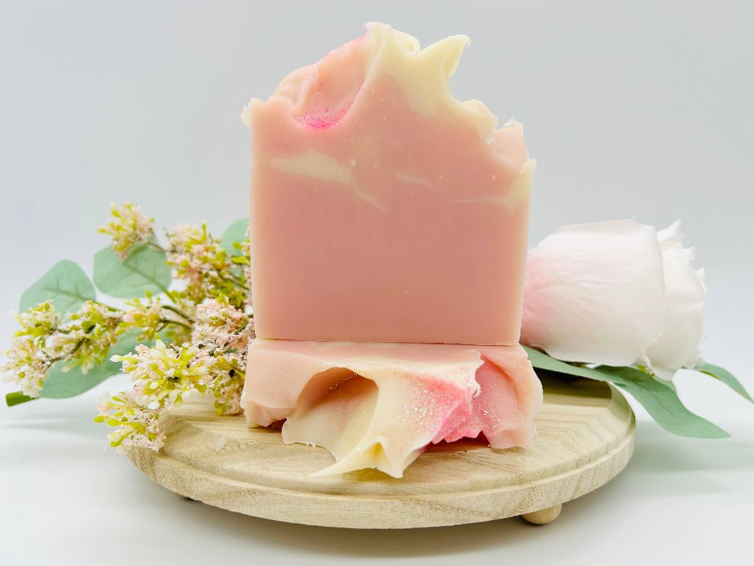 Pink Berry Mimosa Handmade Soaps showcasing vibrant pink tones.