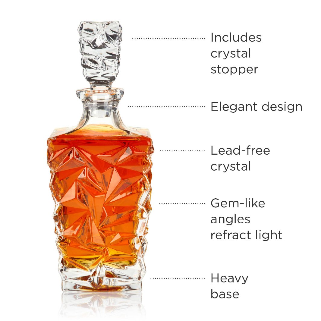 Image of a the Prism Crystal Whiskey Decanter, featuring key selling points like crystal stopper, gem-like angles that refract light, elegant design, lead-free crystal material and heavy base.