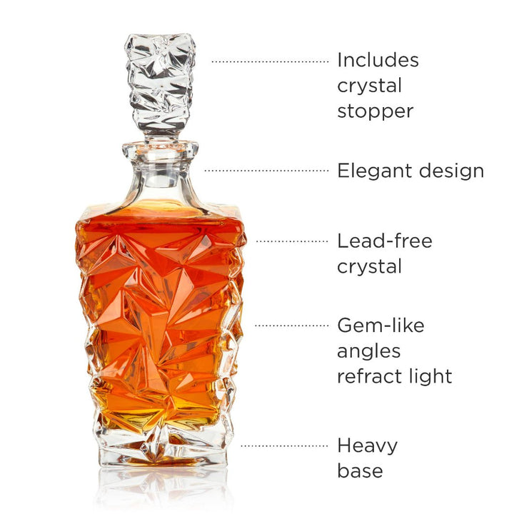 Image of a the Prism Crystal Whiskey Decanter, featuring key selling points like crystal stopper, gem-like angles that refract light, elegant design, lead-free crystal material and heavy base.