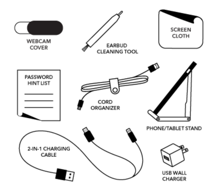 Puffer Tech Kit contents, including a webcam cover, earbud cleaning tool, screen cloth, password hint list, cord organizer, phone/tablet stand, 2-in-1 charging cable, and USB wall charger.