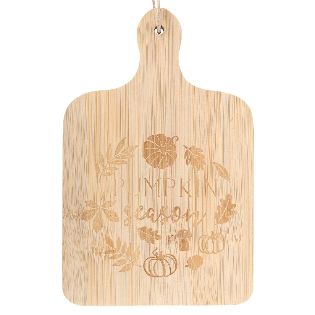 Close up of the Pumpkin Season Bamboo Serving Board. 