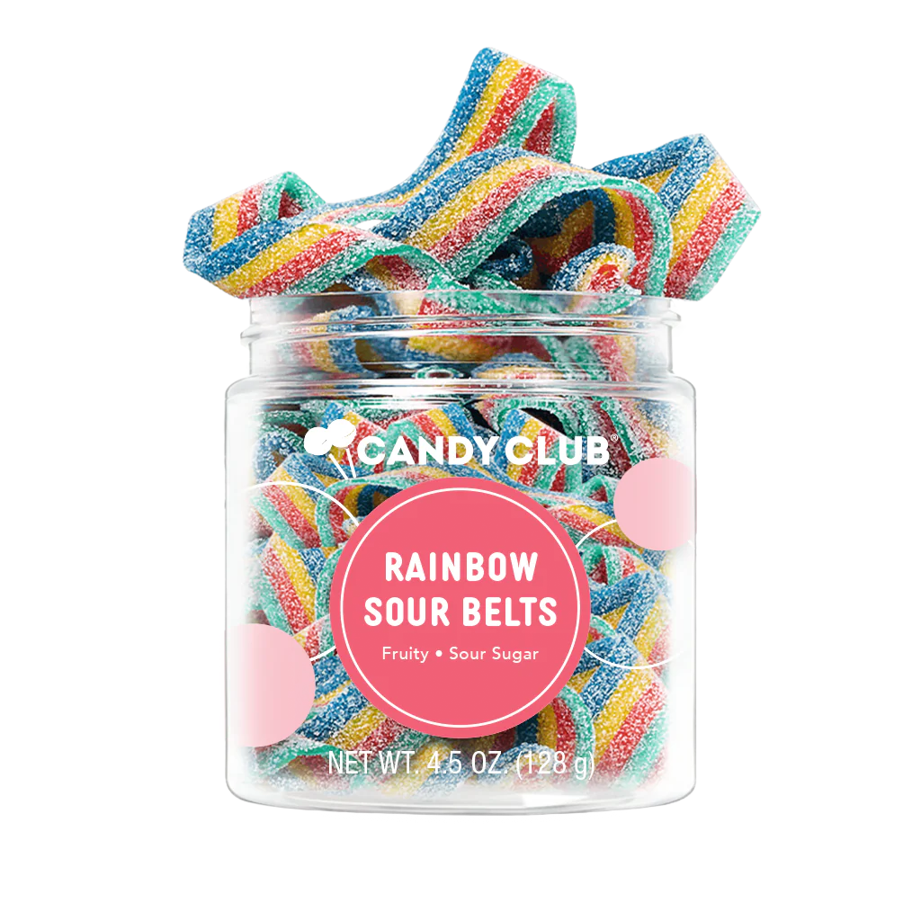 Vibrant rainbow-colored sour sugar candy strips.