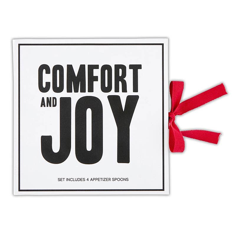 Red handled Charcuterie Spoons Gift Box states "Comfort and Joy" on the exterior front of the box. Ties with a red ribbon. 