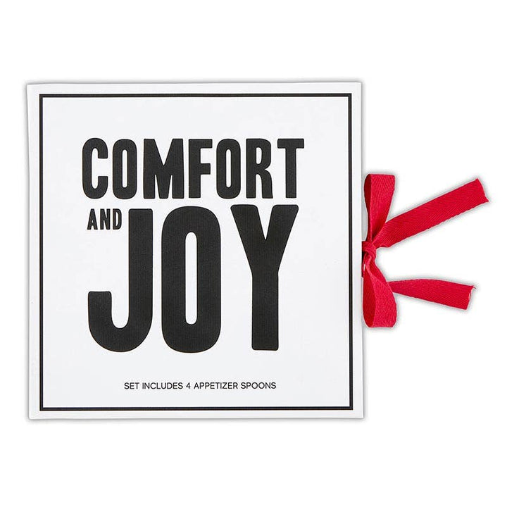 Red handled Charcuterie Spoons Gift Box states "Comfort and Joy" on the exterior front of the box. Ties with a red ribbon. 