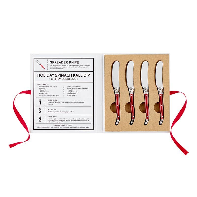 Red handled spreaders in gift box with Holiday Spinach Kale Dip recipe.