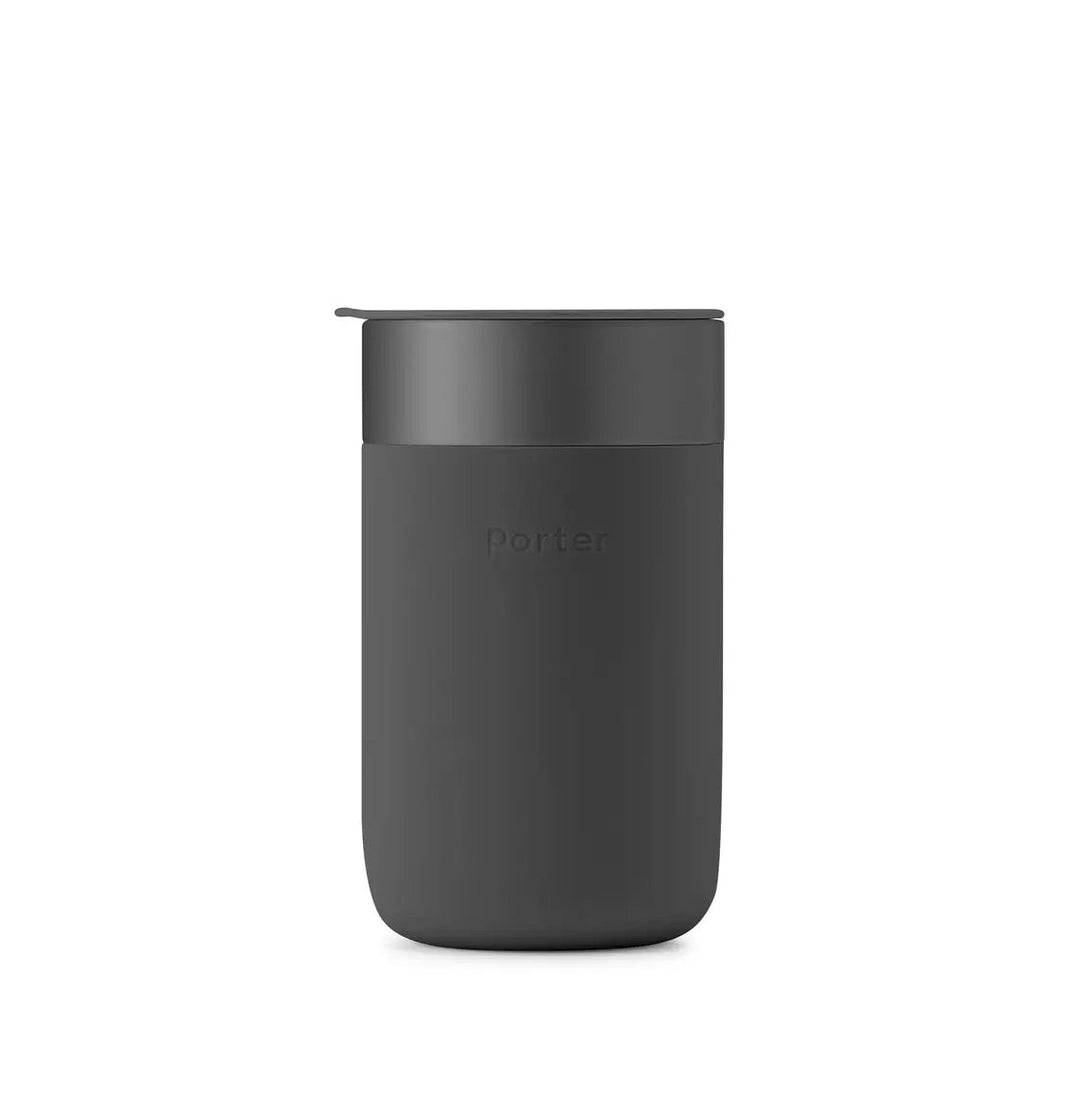 Reusable Ceramic Mug in Charcoal with splash-resistant lid and silicone sleeve, customizable with your logo.