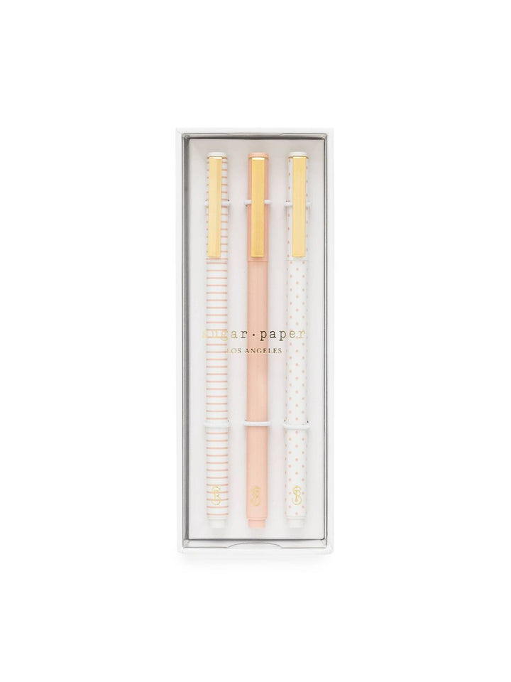 Set of three rose-patterned pens in pin dot, solid rose, and stripe designs, adding elegance to any workspace.