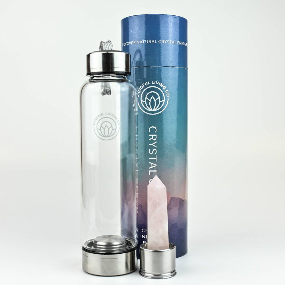 Removable Rose Quartz Crystal Water Bottle - 550ml Glass.