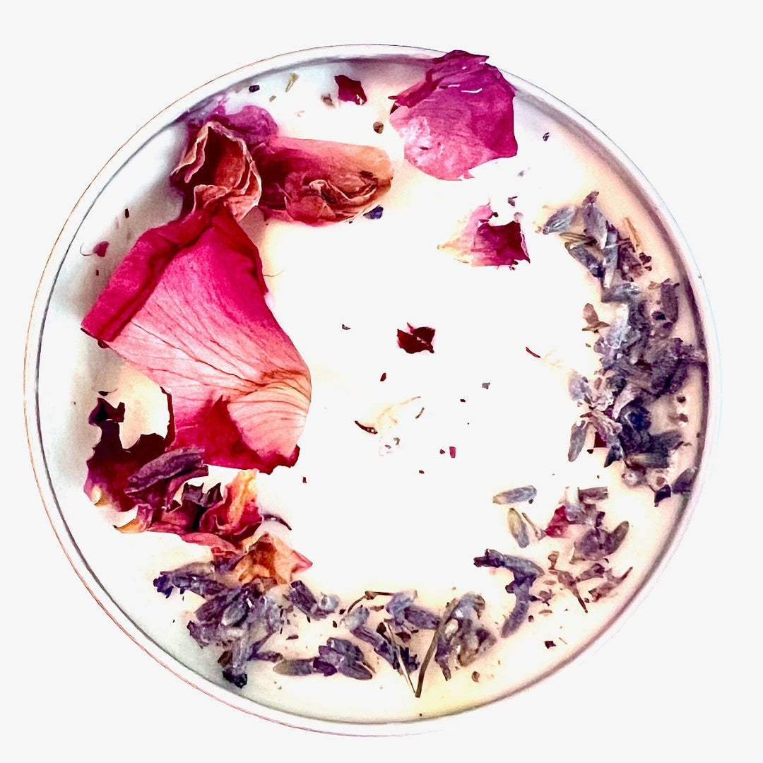 Rosewater & Lavender Soy Candle with rose petals and lavender buds in a 4 oz. tin.