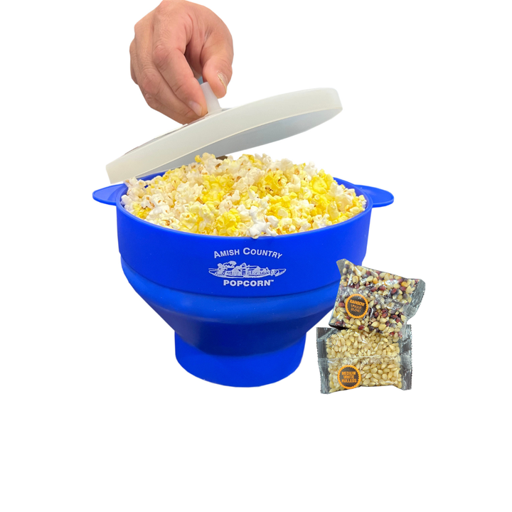Silicone Microwave Popper displaying popcorn with included 2oz popcorn bags.