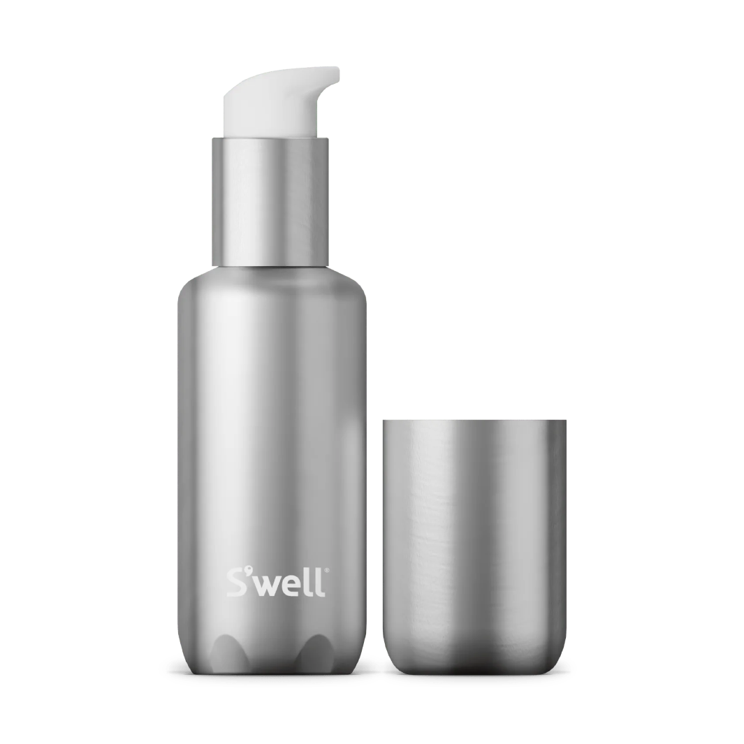 Silver Bottle with leak-free pump.