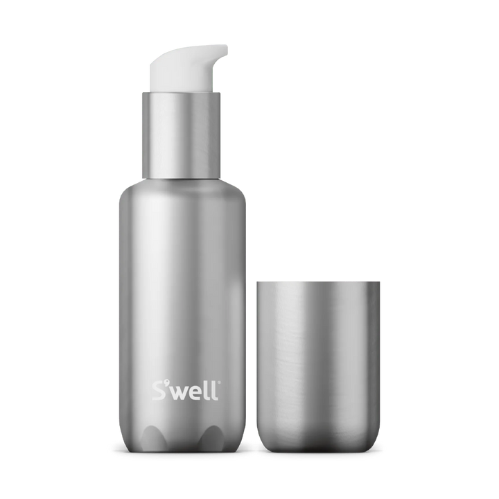 Silver Bottle with leak-free pump.
