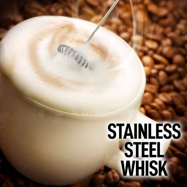 Simple Craft Handheld Drink Mixer frothing milk in a latte glass to display the stainless steel whisk. 