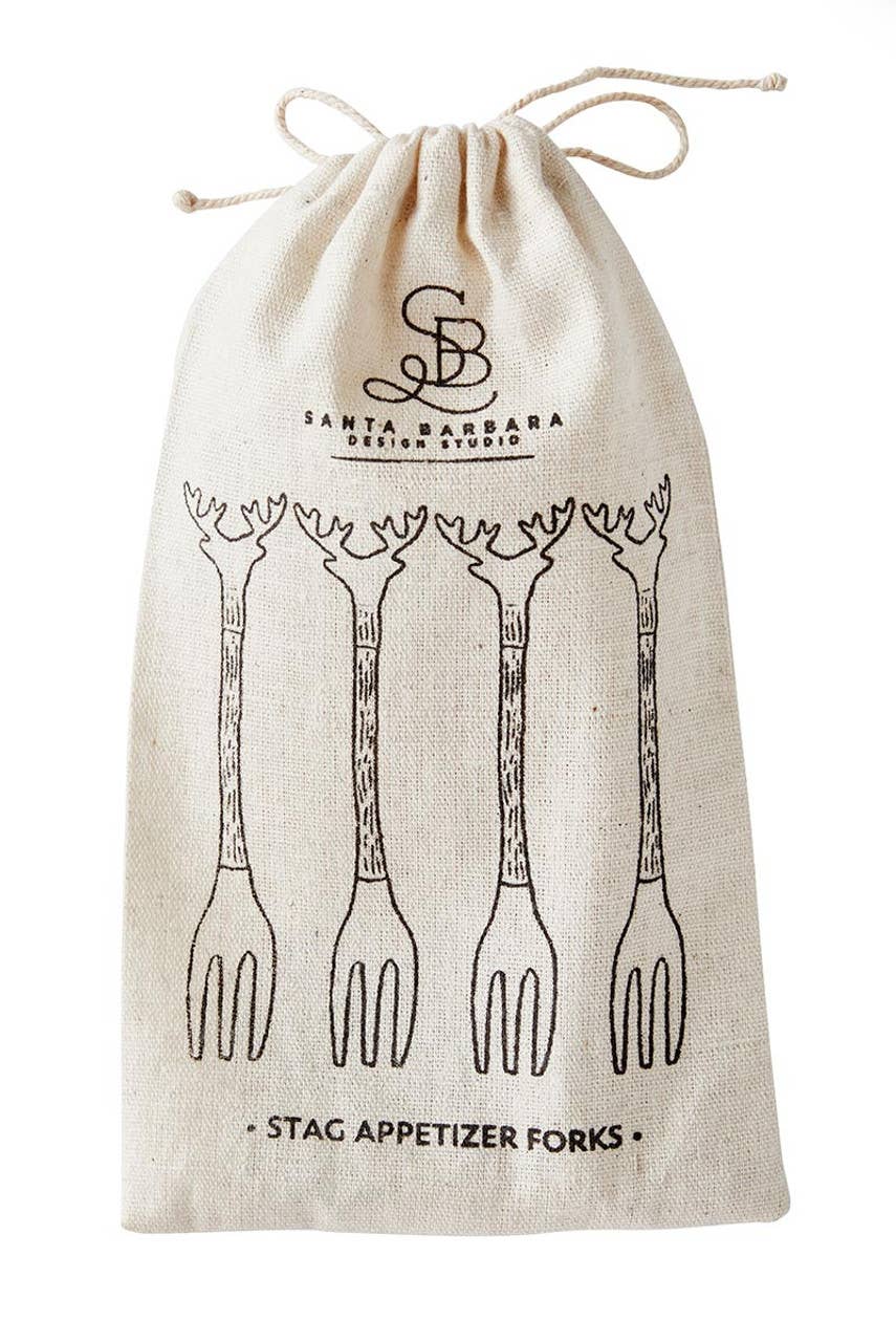 Elegant gold antler appetizer forks, perfect for holiday table settings, packaged in a drawstring bag.