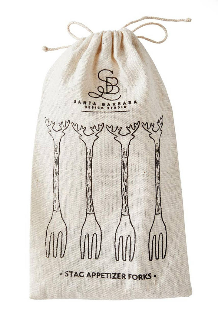 Elegant gold antler appetizer forks, perfect for holiday table settings, packaged in a drawstring bag.