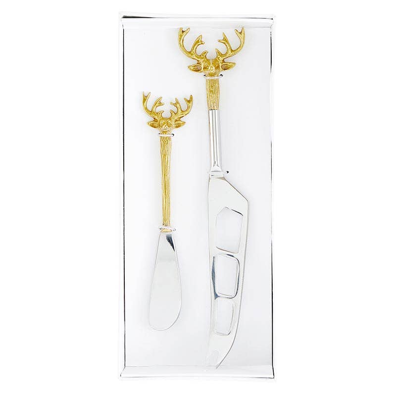 Elegant cheese knives with brass antler handles, packaged in a gift box.