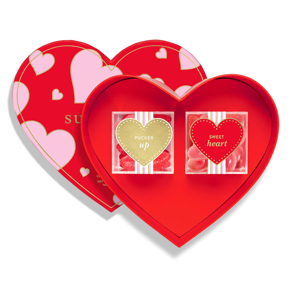 Open Heart Bento Box revealing Pucker Up and Sweet Heart candies inside.