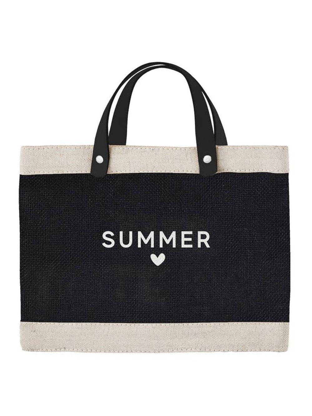 Black Market Tote with 'Summer' and heart design, inside pocket, waterproof lining.