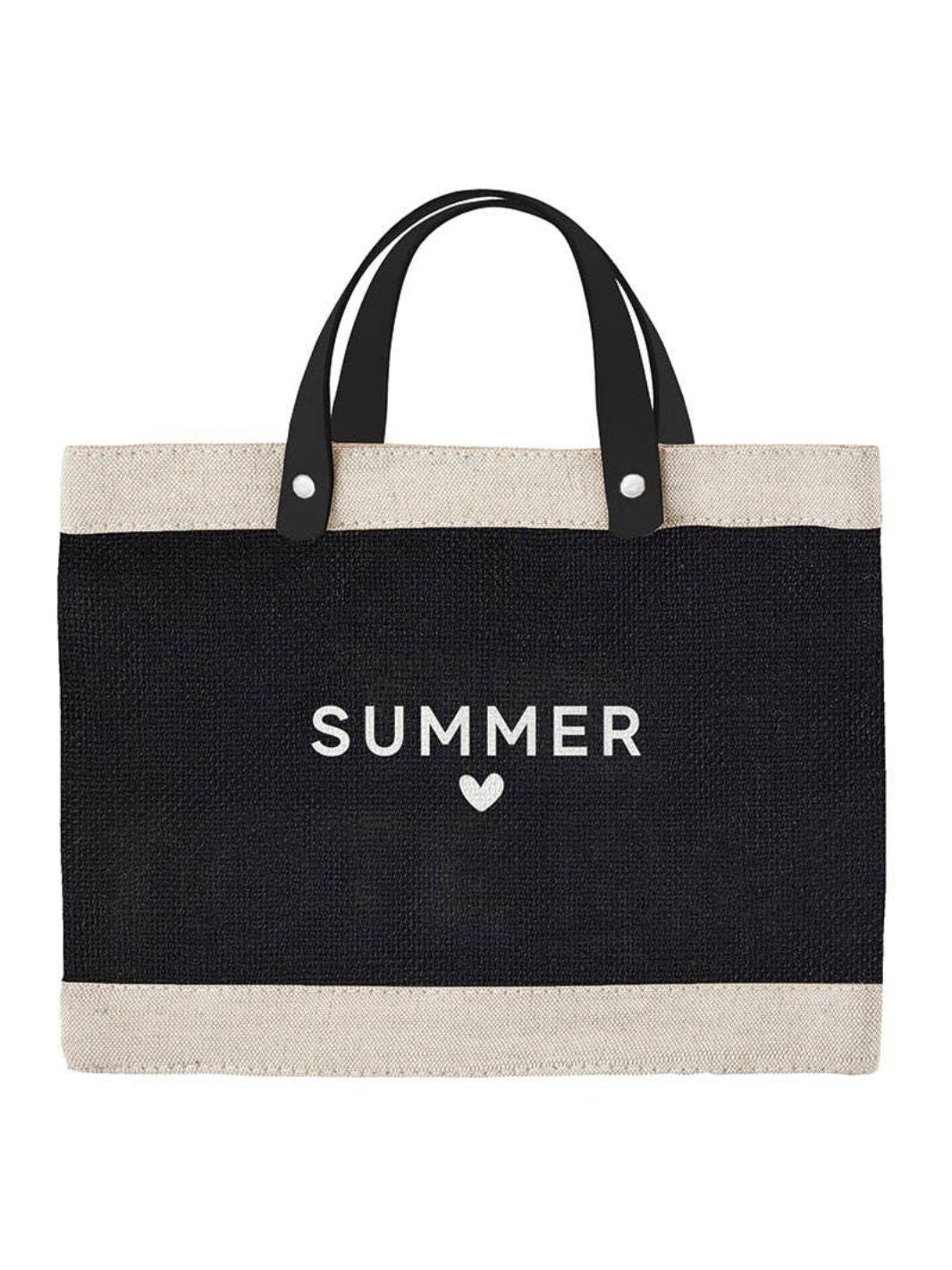 Black Market Tote with 'Summer' and heart design, inside pocket, waterproof lining.