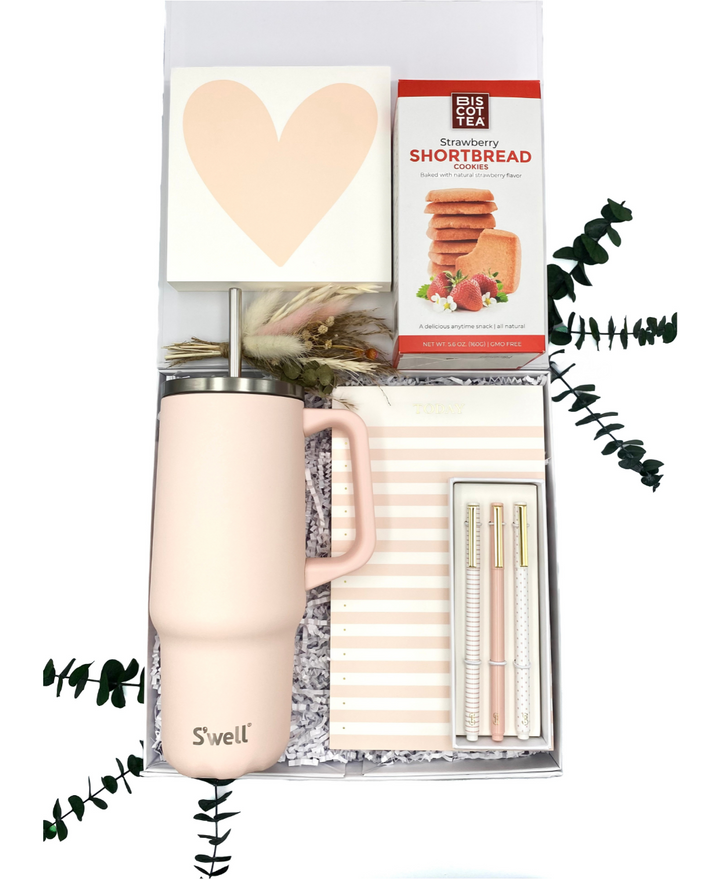 Sweet Workspace gift box with stylish tumbler, pink striped notepad, chunky notepad, rose-patterned pens, and strawberry shortbread cookies.