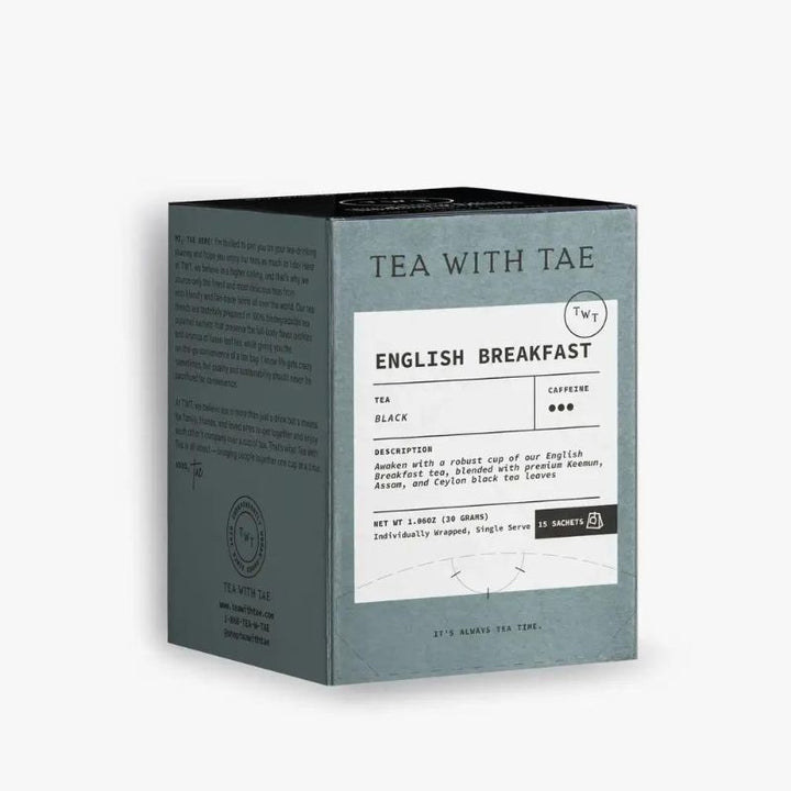 English Breakfast Tea by Tea with Tae in a box with 15 biodegradable sachets.