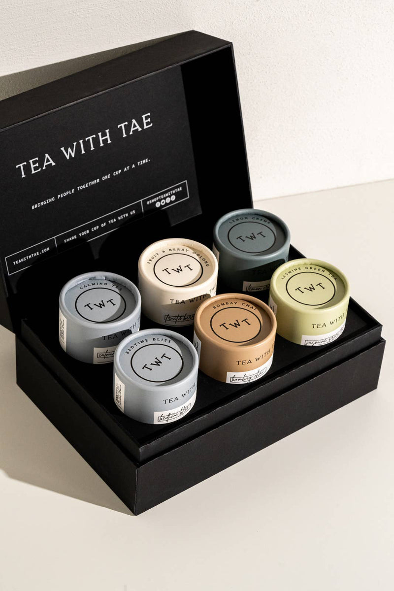 Elegant Tea Bento gift box displaying six varieties of herbal and caffeinated teas.