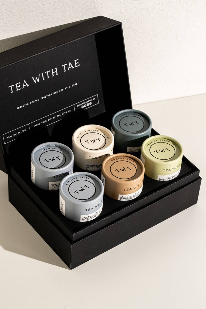 Elegant Tea Bento gift box displaying six varieties of herbal and caffeinated teas.