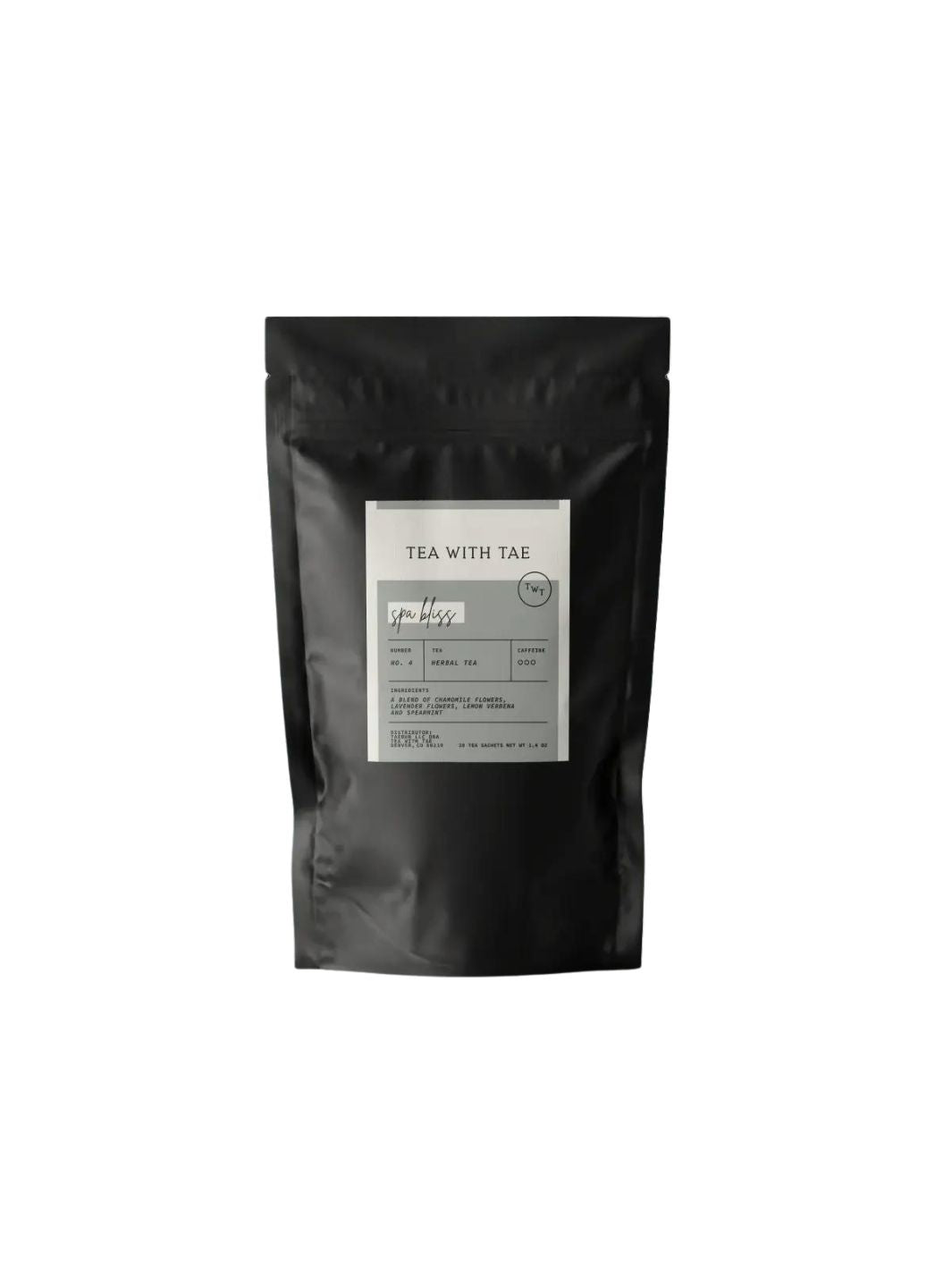 Spa Bliss Tea by Tea with Tae, a soothing blend of chamomile, lavender, lemon verbena, and spearmint, caffeine-free with 20 tea pouches. Ideal for self-care gift baskets and relaxation gifts.