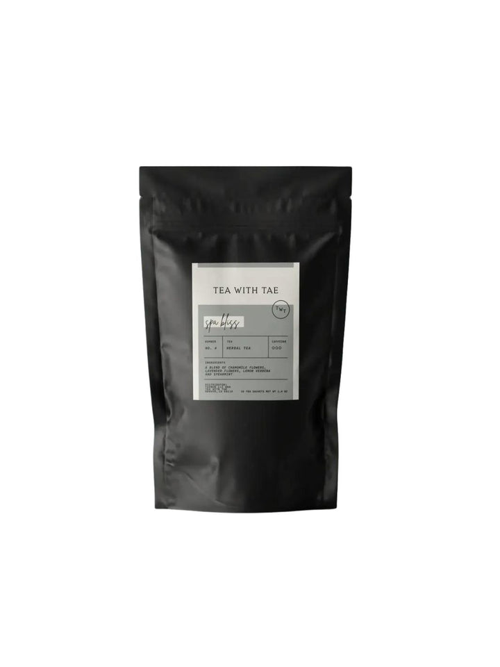 Spa Bliss Tea by Tea with Tae, a soothing blend of chamomile, lavender, lemon verbena, and spearmint, caffeine-free with 20 tea pouches. Ideal for self-care gift baskets and relaxation gifts.